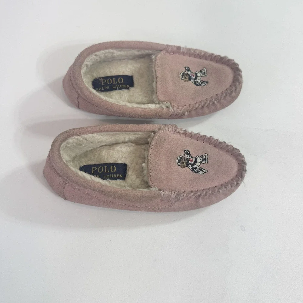 Polo Ralph Lauren Slippers Girls 11 Pink Suede Moccasin Polo Bear Cozy Lined